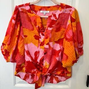 Rose + Olive Floral Balloon Sleeve Tie Front Blouse Orange Pink XS
